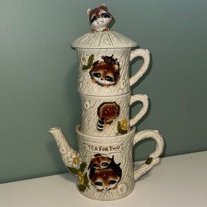 Rare Vintage 1977 Enesco Tea For Two Raccoon complete set